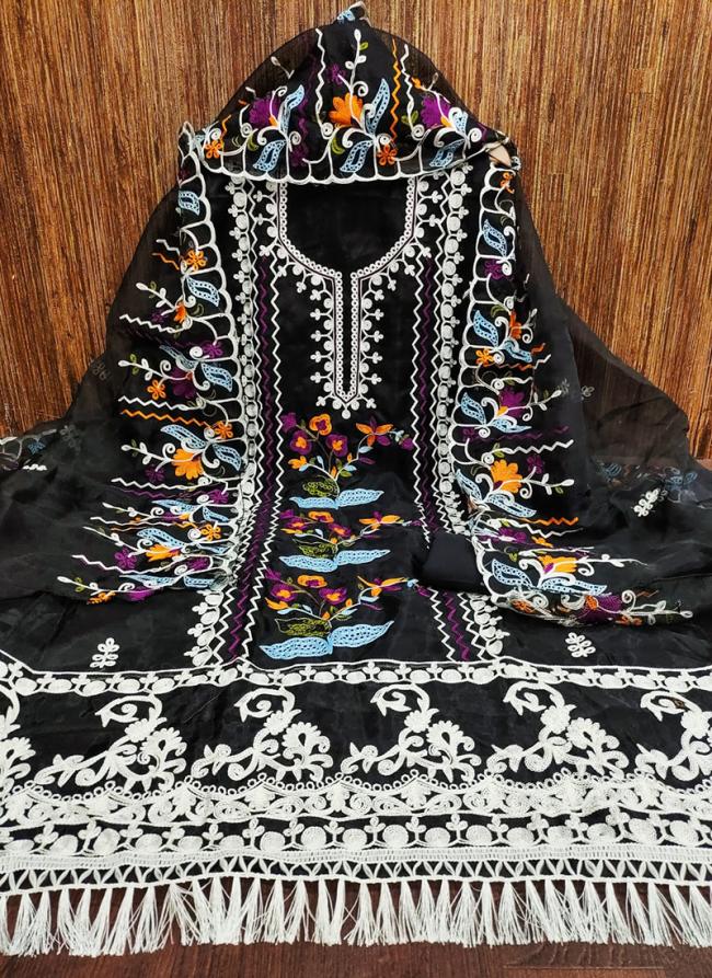 Organza Silk Black Traditional Wear Embroidery Work Dress Material